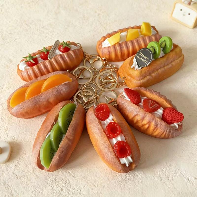 Realistic Artificial Fruit Puff Pastry Keychain With Sturdy Gold Key Ring For Backpack Decoration Cute Gift For Dessert Lovers
