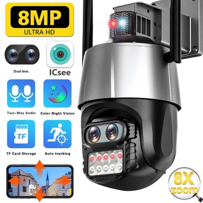 8MP 4K Triple Lens WIFI PTZ IP Security Surveillance Camera Dual Screen Outdoor Waterproof CCTV 8X Zoom AI Body Tracking Alarm Light Alarm ICSEE