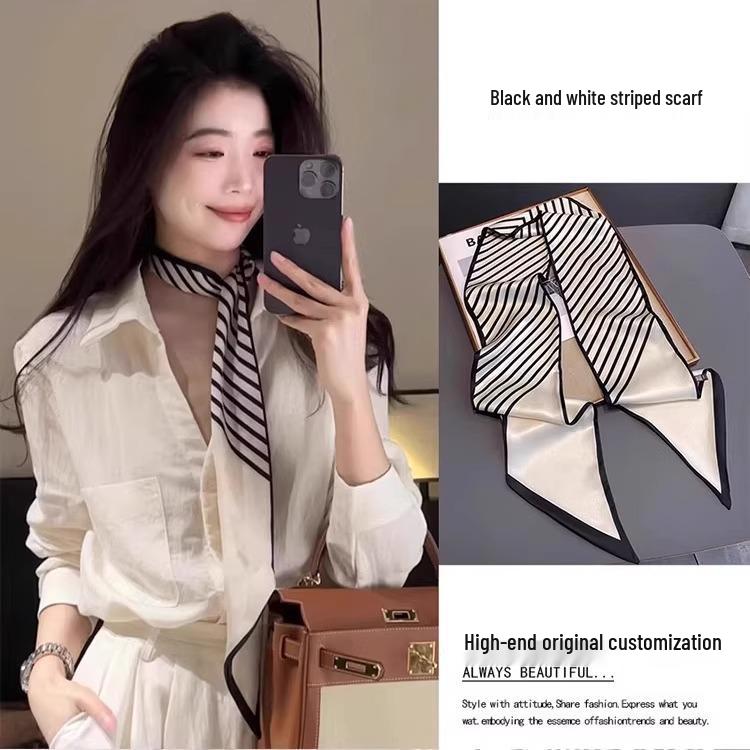 2025 Women's High-End Temperamental Striped Silk Neck Scarf – Stylish Long Neckband to Pair with Shirts