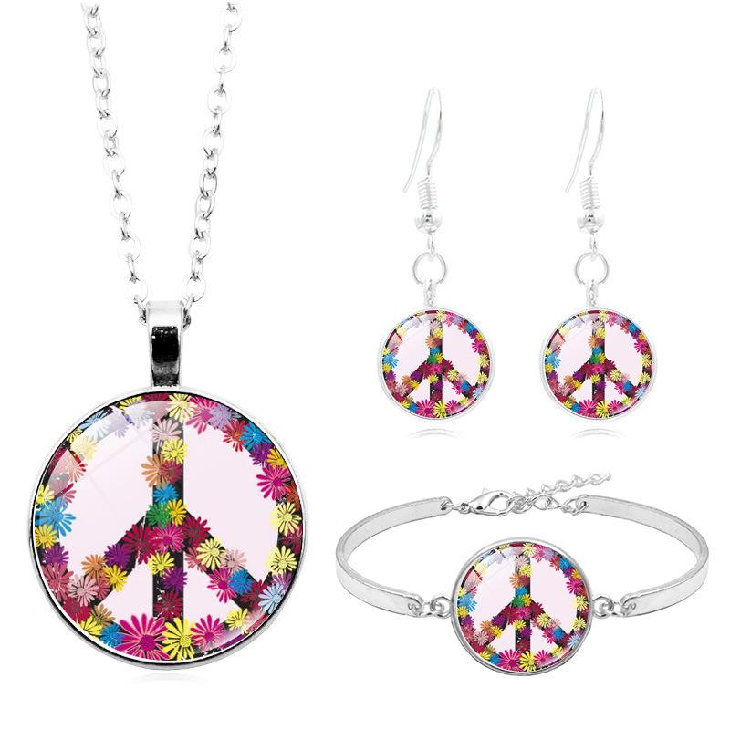 Friedenszeichen Zeit Edelstein Halskette Armband Ohrringe Dreiteiliges Schmuckset Geschenk