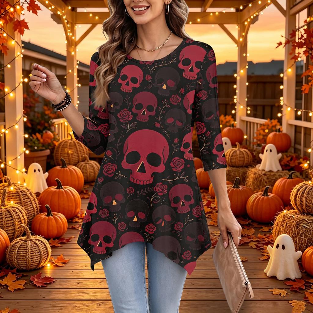 Women's Casual Halloween Print Top, Loose Fit Three-Quarter Sleeve
