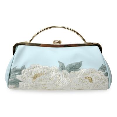 [Kimono-Café] Furisode Clutch-Tasche mit Pfingstrosenstickerei, Weiß und Blau, Verschluss mit Spange, Elegant, Hakama, Abschlussfeier, Hochzeit, Kimono 6030006297993