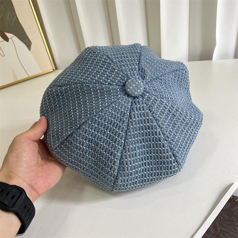 New plaid denim beret women's spring and autumn trend versatile octagonal pumpkin hat couple painter hat