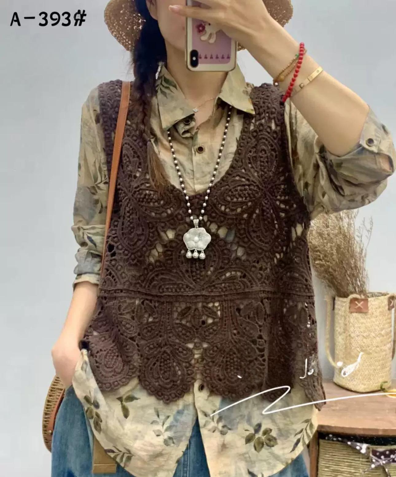 

Z2005 Весенняя и осенняя серия Темпераментная кружевная вышивка, жилет в иностранном стиле, свободный и тонкий жилет из хлопчатобумажной нити One size темно-коричневого