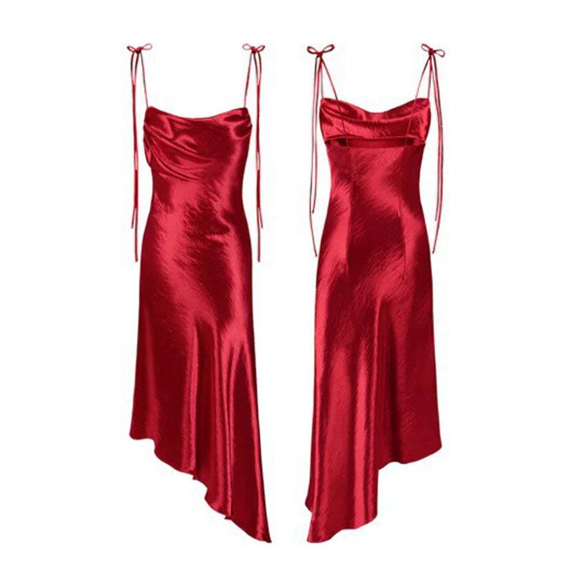 Women’s Satin Slip Dress – Adjustable Spaghetti Strap Midi Dress with Cowl Neck, Asymmetric Hem, Elegant Cocktail Party Evening Nightgown