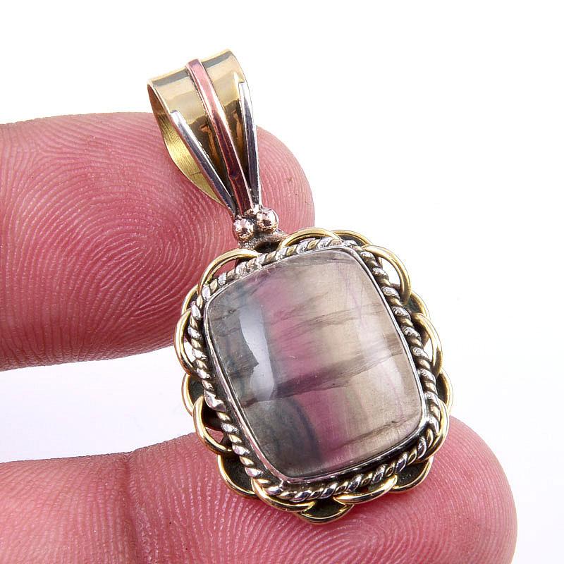 

Natural Fluorite Gemstone 925 Solid Sterling Silver Two Tone Pendant 1.25 W3l51