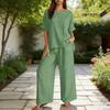 Women's Color Two Piece Set with Three-Quarter Sleeve Top and Long Pants Cotton Linen Casual Outfit