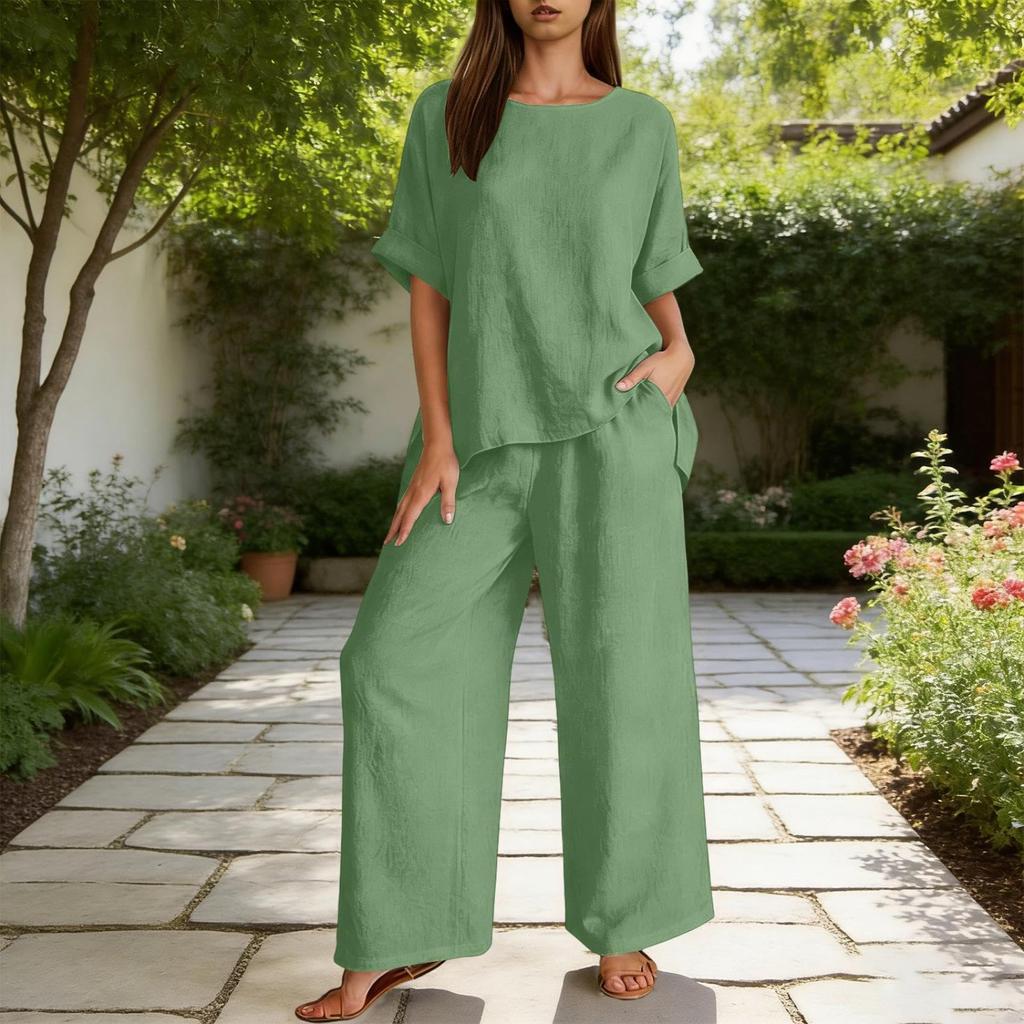 Women's Color Two Piece Set with Three-Quarter Sleeve Top and Long Pants Cotton Linen Casual Outfit