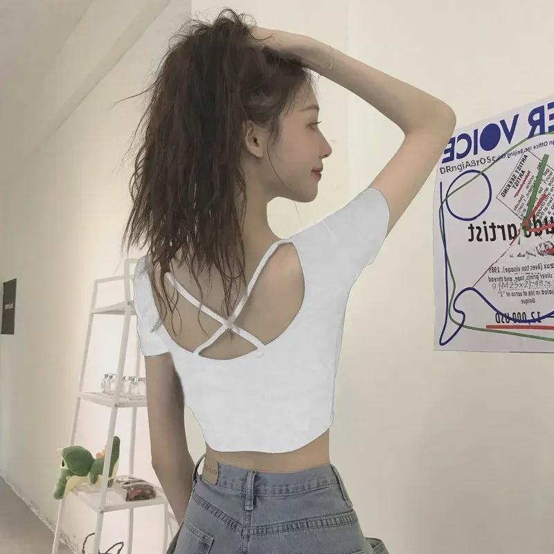 2025 Trendy Women's Slimming Hollow-Back Crop Top - Short-Sleeved Summer Essential