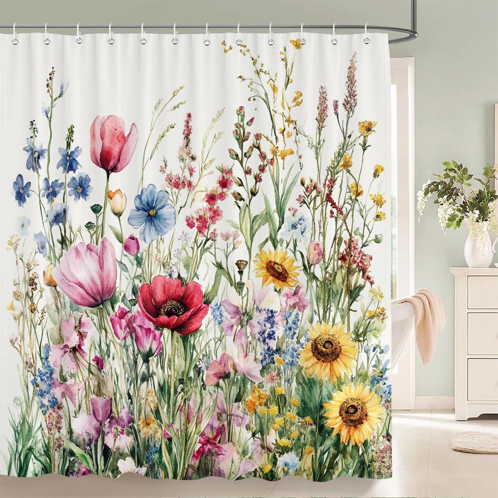 

Beautiful Flowers Butterfly Shower Curtain Blue Floral Printed Bathroom Bath Curtain Home Decoration Curtain With Hooks W60H190(CM)-1 Pcs