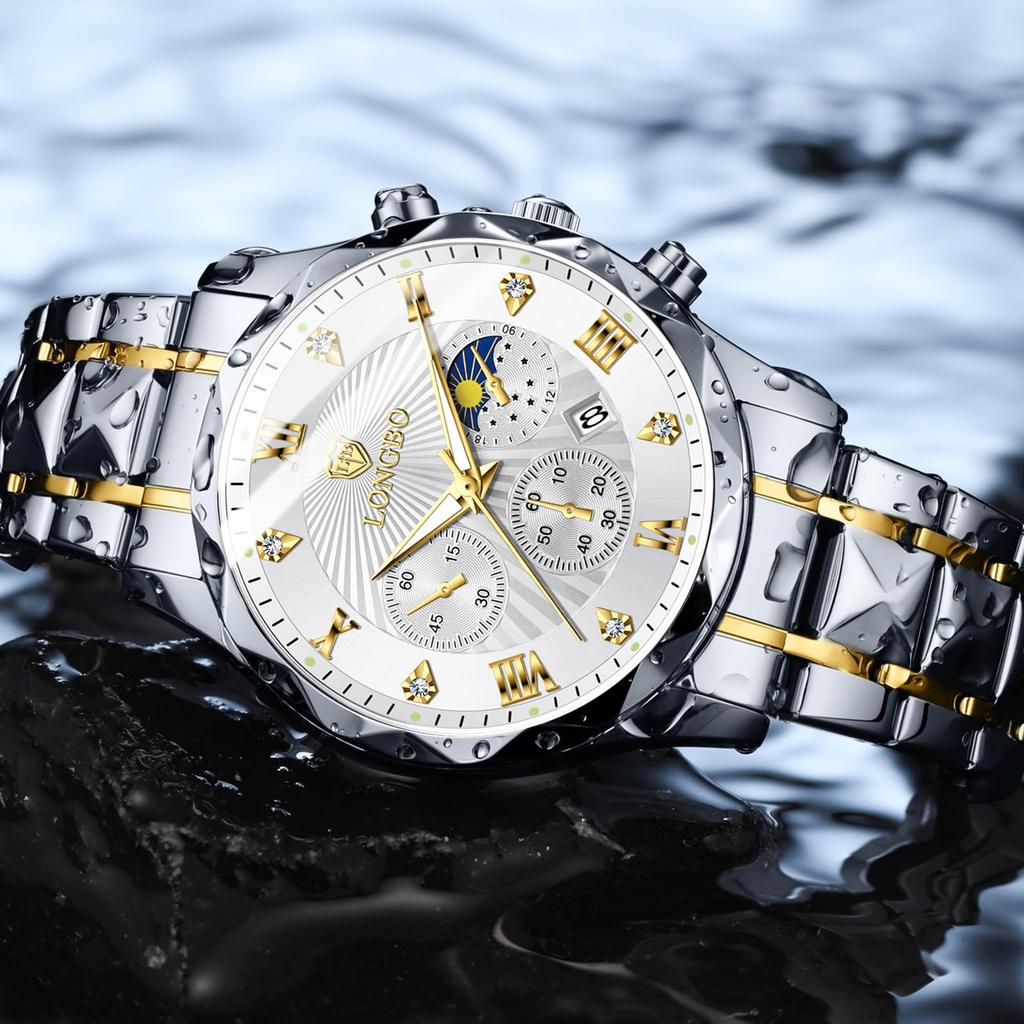 Stylish Men's Chronograph Watch, Business Watch, Quartz Movement, Stainless Steel Band, Sapphire Crystal, Waterproof, Luminous Hands, Blue Color. A