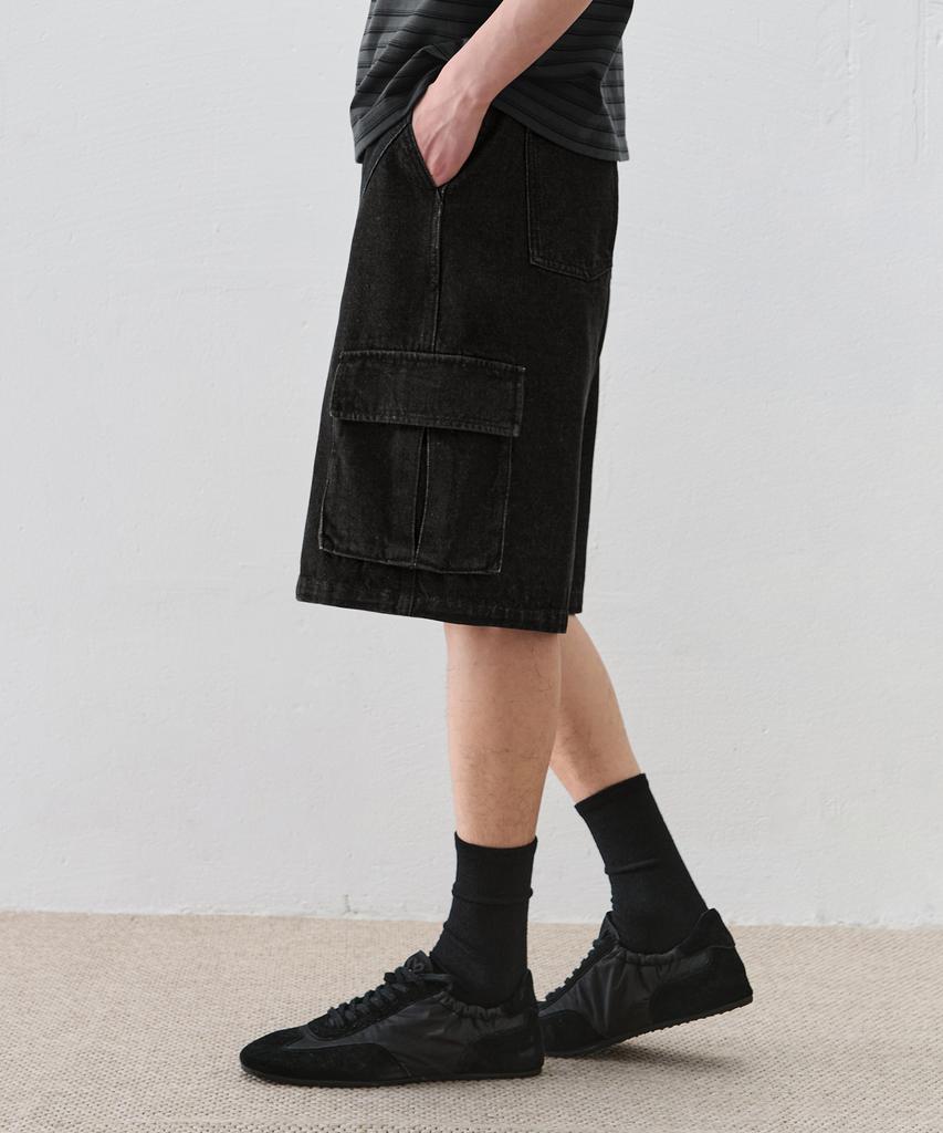 DRAW FIT Curved Line Cargo Denim Half Pants [Black]