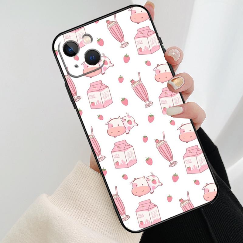 Kawaii Strawberry Milk Phone Case For iPhone 17 Pro Max 16 15 14 11 12 13 Pro Max mini 15 16 Plus 16e 17 Air Cover