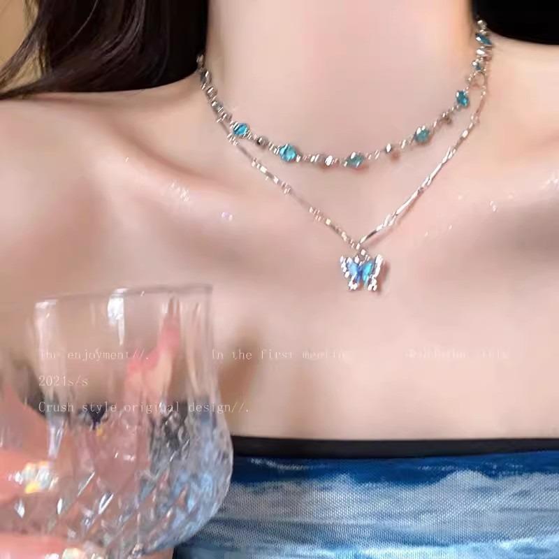 Summer Wind Blue Butterfly Necklace Girl Cool Advanced Sense Design Collarbone Chain Double Layer Niche