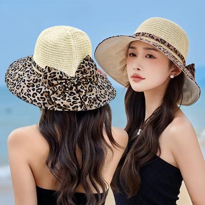 Summer New Hat Women's Sunshade Sunscreen Hat Leopard Print Bow Summer Outdoor UV Protection Bucket Hat