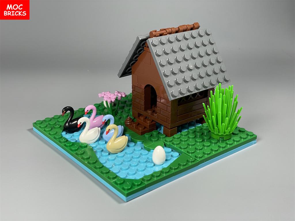 MOC Blocks Water Lake Pond River Duck House Swan Swim Scene Egg Lotus Animals Plant Construction Block Accessories Children's Toy