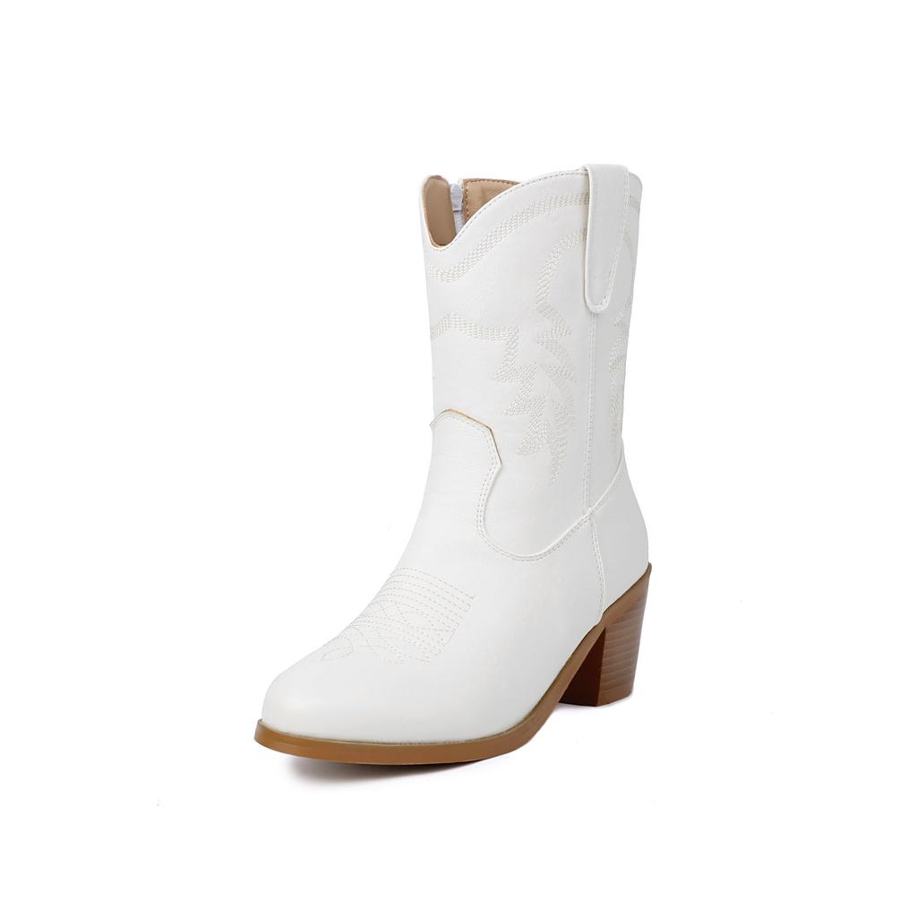 Cowboy Winter Boots for Women Ankle Boots Wide Calf Leather Heels Shoes 2025