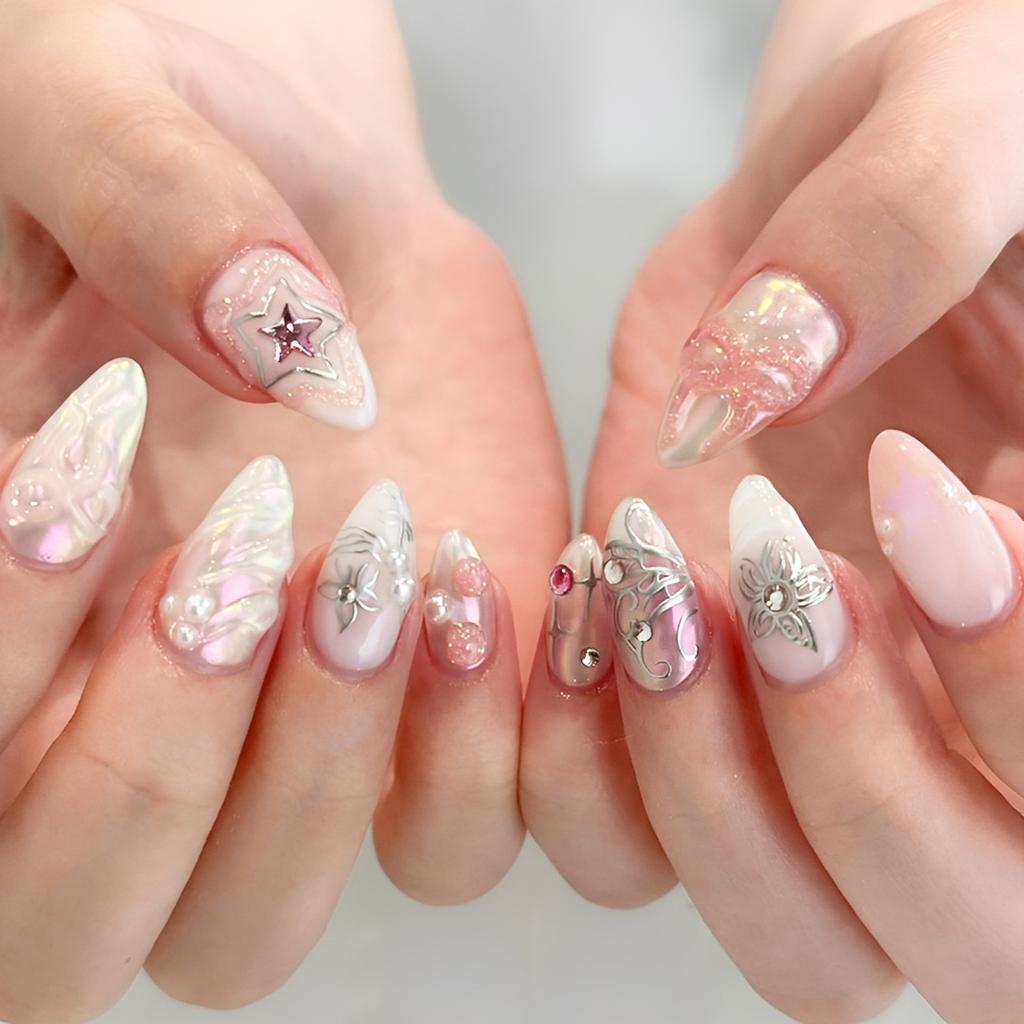 24Pcs French Style Fake Nails 3D Bowknot Designs Short Square Press On Nails Sweet Korean Fashion False Nail for Women Girl