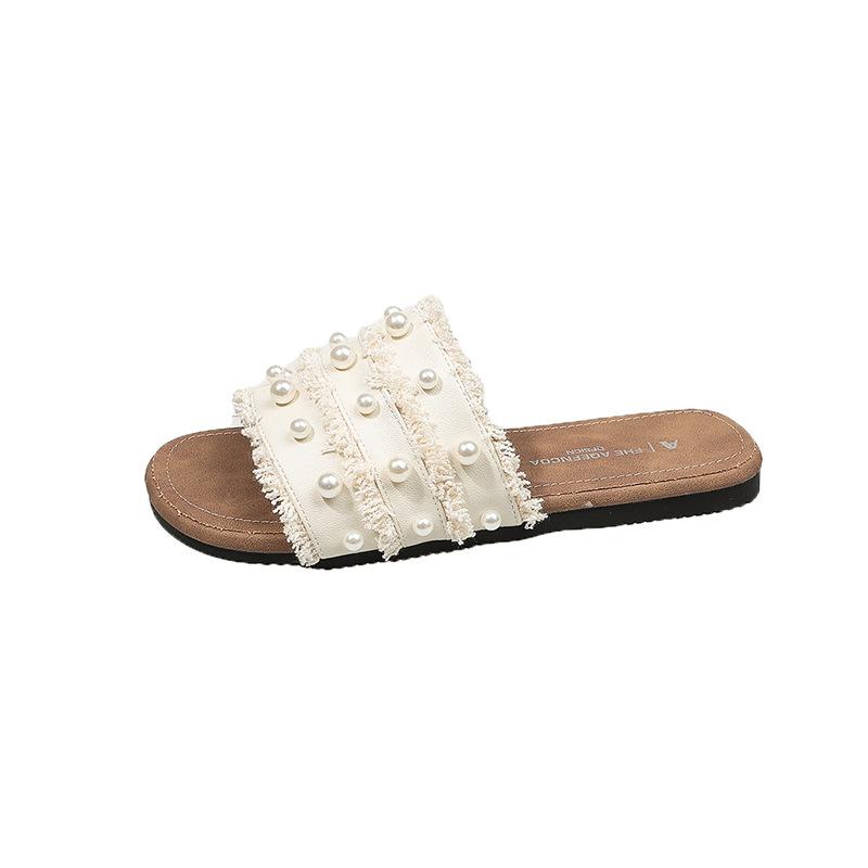 French Fairy Style Pearl Cool Slippers Female Outer Wear Spring and Summer New Flat Lazy One Pedal Beach Sandals