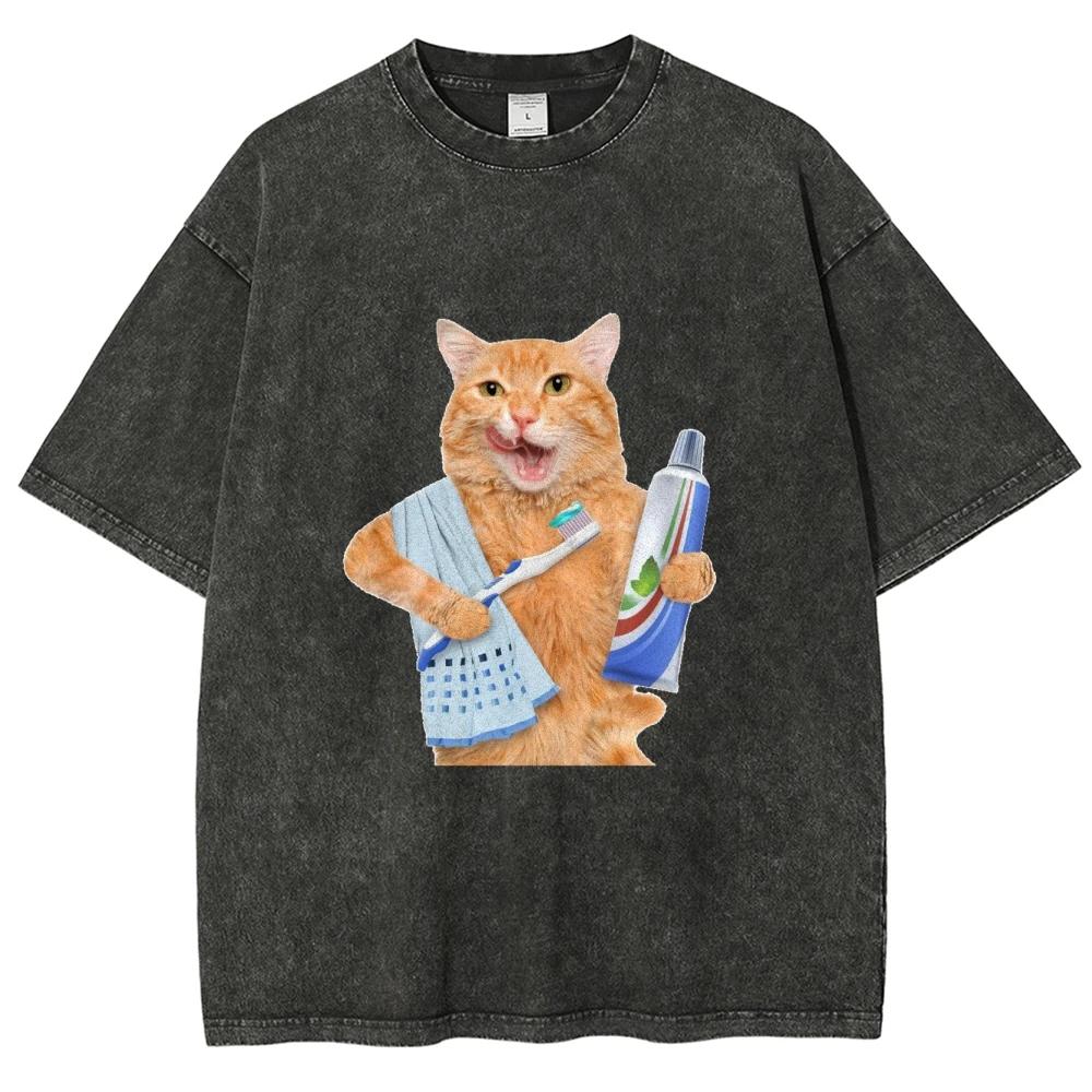 Neutral Washed T-shirt with Cute Cartoon Cat Design Cool and Customizable Casual T-shirt Suitable for Both Men and Women S разноцветный