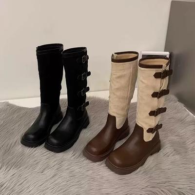 Kniehohe Reitstiefel für Damen, zum Reinschlüpfen, Motorradstiefel, quadratische Zehenpartie, klobiger Absatz, breite Wade, Schnallen, Bikerstiefel, Westernstiefel, hohe lange Stiefeletten für Damen