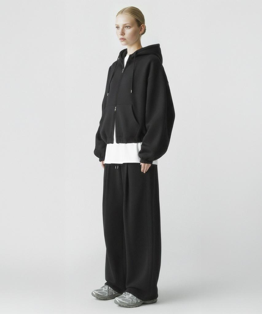 Prinoar [Set] String Overfit Two-Way Zip-Up Hoodie + Single-Pleat String Pants - Black
