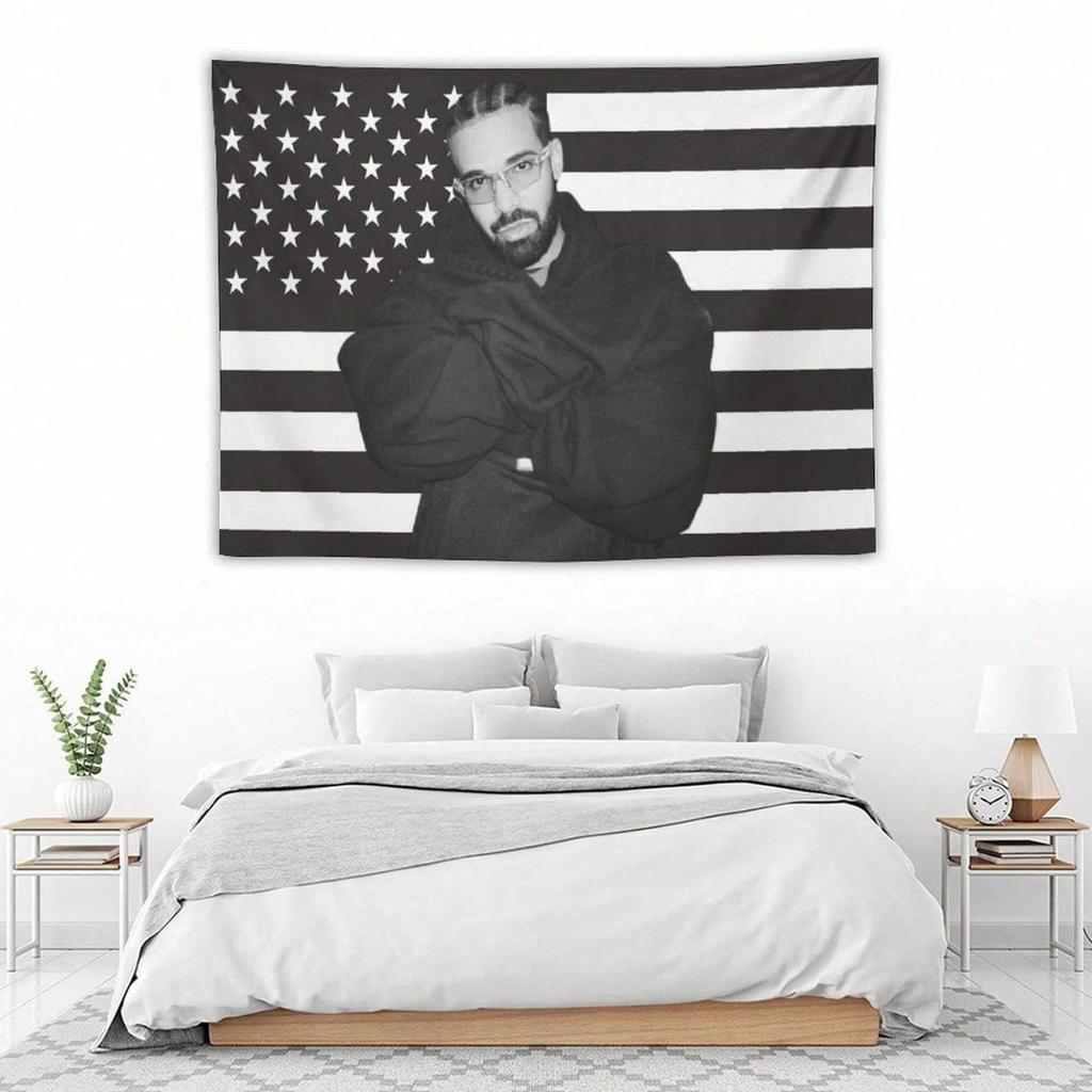 1 Stück Musik Drake Retro Album Schwarz-Weiß Amerikanische Flagge Wandteppich für Wohnzimmer Schlafzimmer Hintergrundtuch Dekorative Hängedeko