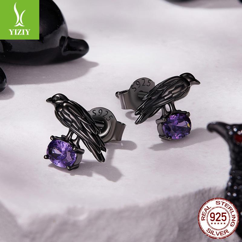 Halloween Dark Wind Crow Stud Earrings Cross-Border Popular S925 Sterling Silver Plated Black Gold Stud Earrings