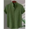 Men's Summer Solid Color Short Sleeve Cotton Linen Shirt Standing Collar Casual Wearable Tops
