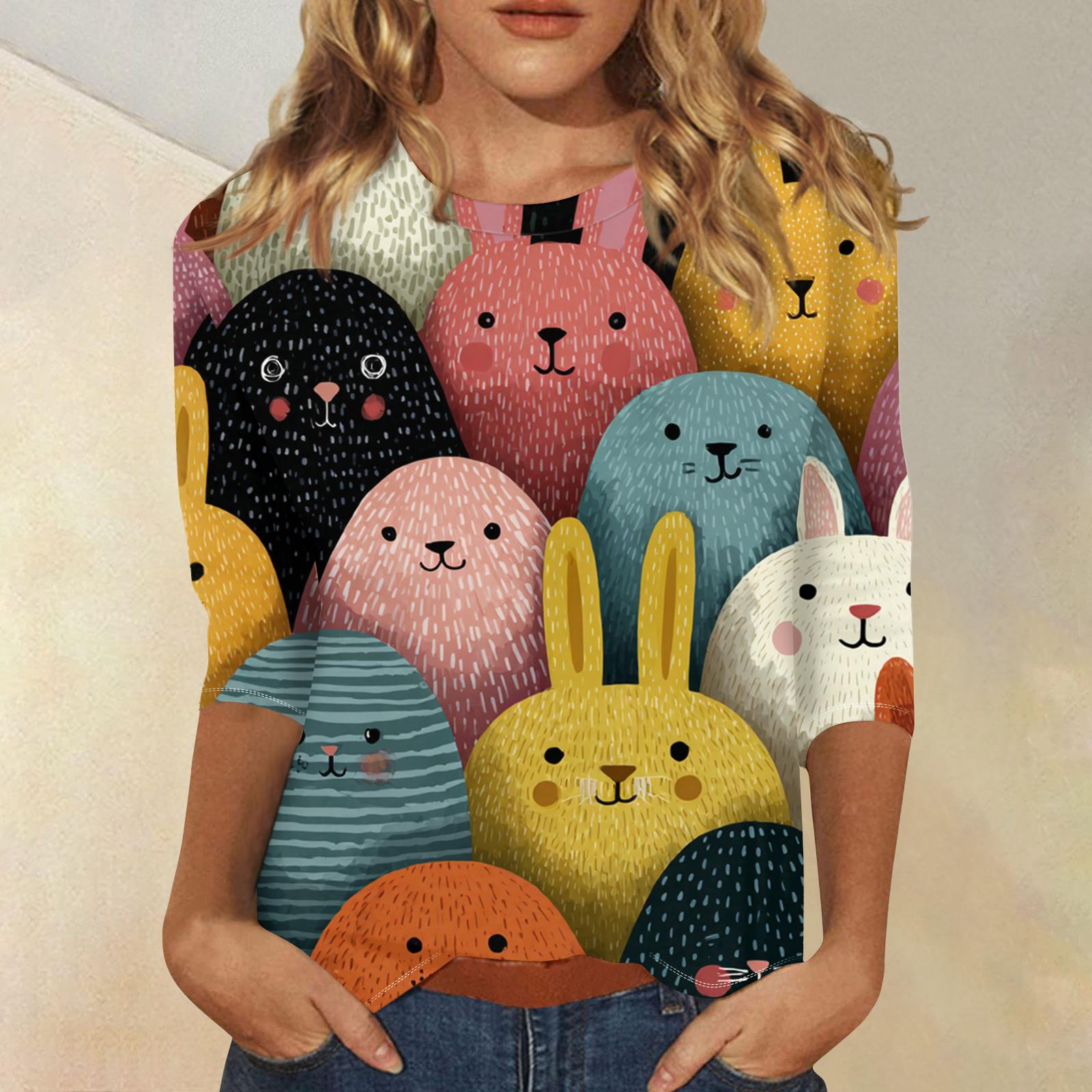 

Women s Fashionable Casual Three-quarter Sleeve Easter Print Round Neck Pullover Top XL жовтий