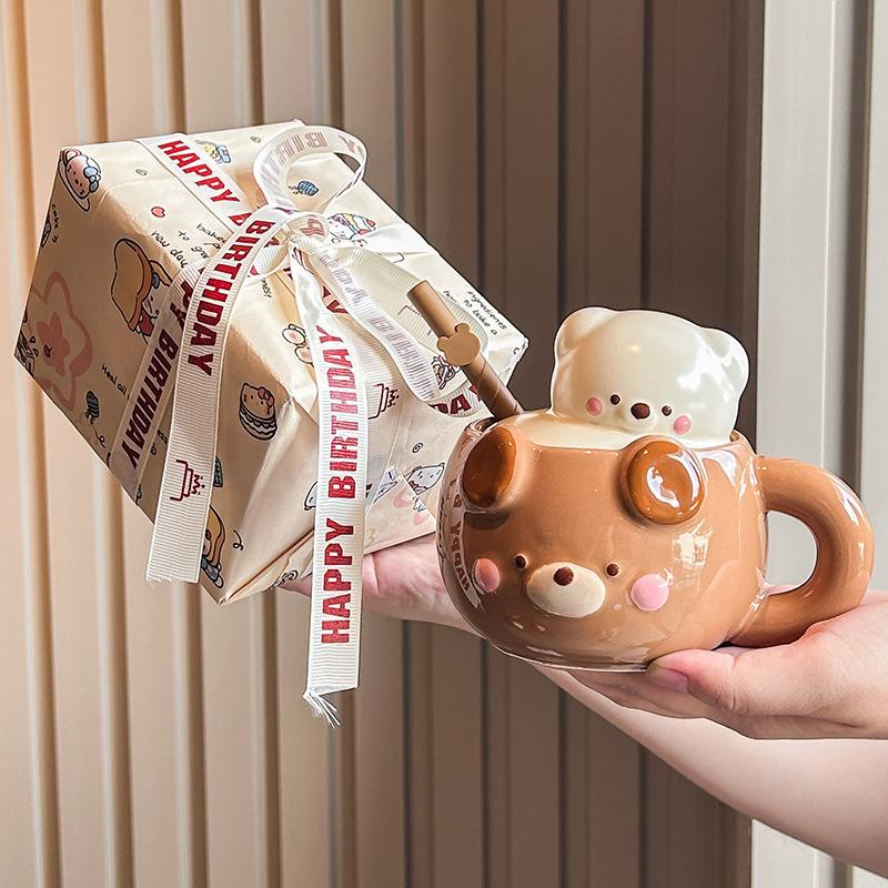 Cream Bear Cup Girls High-value Ceramic Mug with Lid Household Drinking Cup Birthday Gift Souvenir