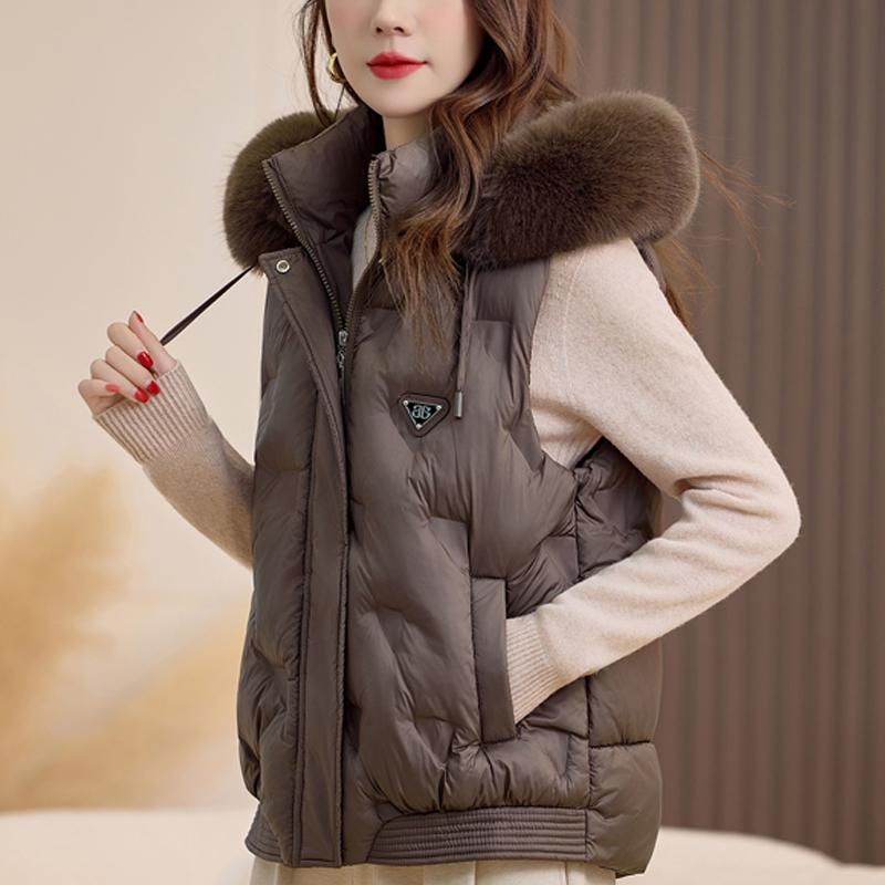 

Модний зимовий жіночий жилет з капюшоном, хутряним коміром, товстий, теплий, повсякденний, без рукавів, жіночі куртки, коротке пальто L коричневий
