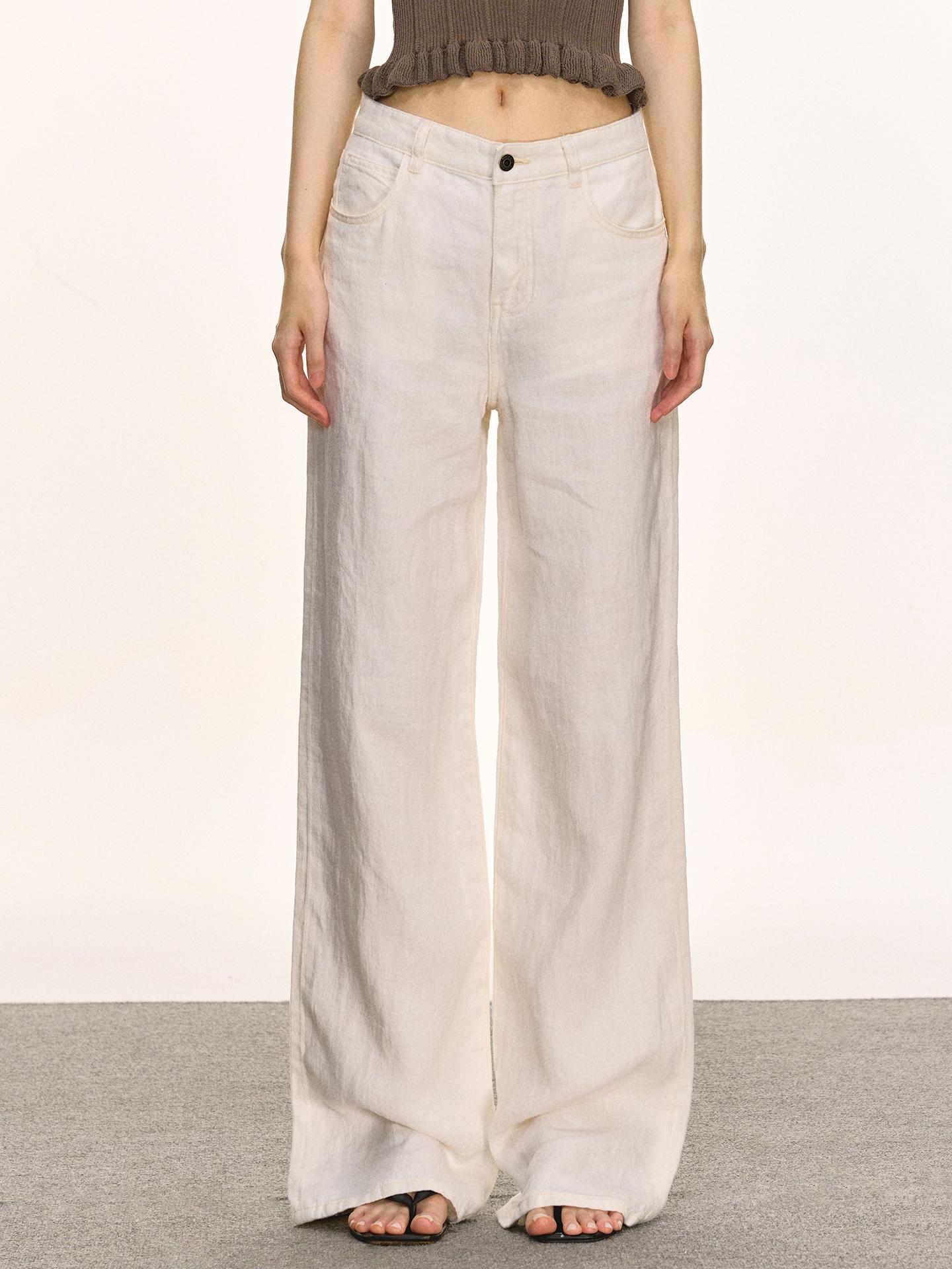 Women s 100% Linen Wide-Leg Pants - White, Loose Slimming, Straight-Leg, Spring/Autumn 2026, Casual Commute Style. M