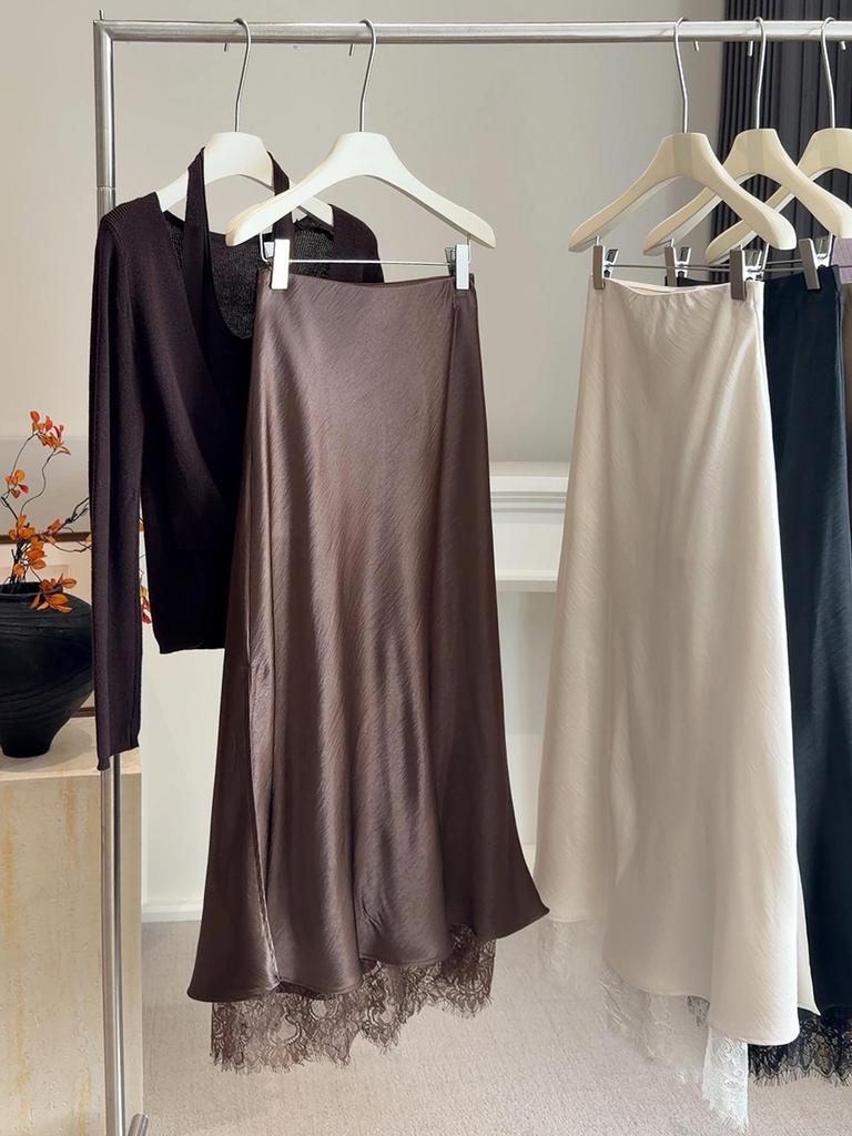 Women's High Waist Lace Patchwork A-Line Satin Skirt - Spring/Summer, Side Slit, Long Skirt