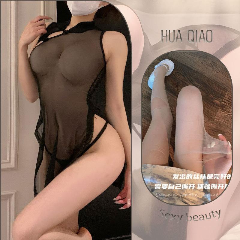Sex underwear retro sexy cheongsam hollow chest mesh see-through nightdress women flirting sex underwear transparent