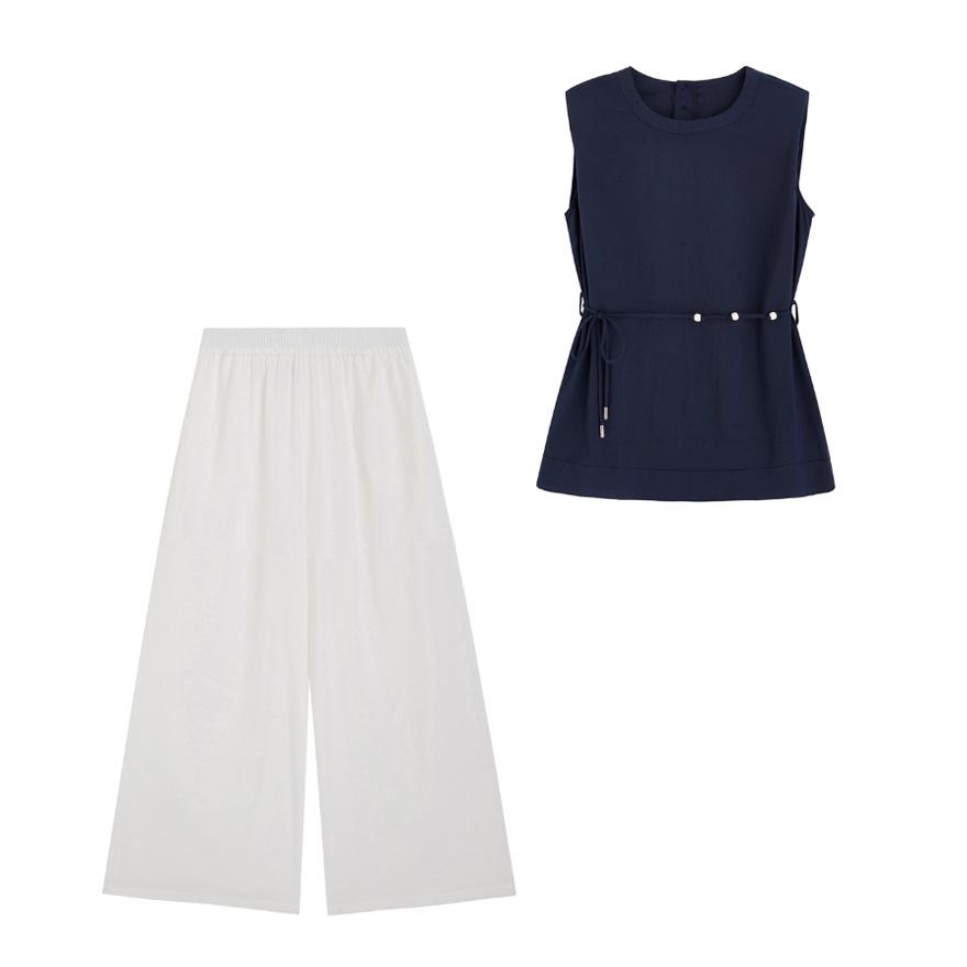 Summer Casual Fashion Suit Women's Design Sleeveless Shirt Elastic Waist Straight Wide-leg Pants Two-piece Set Tide