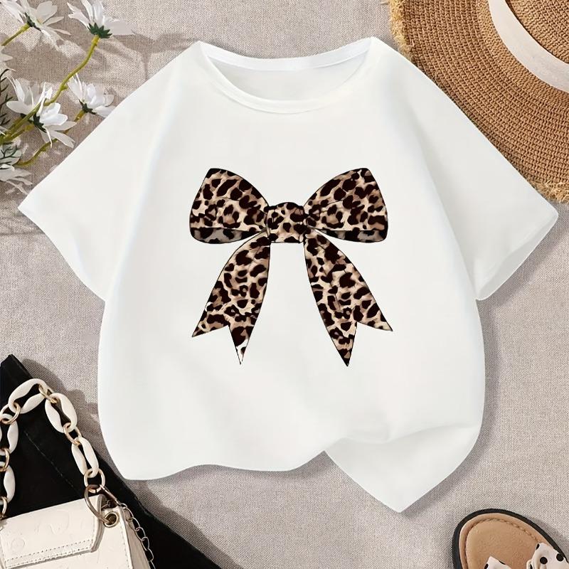 Children Crew Neck Short Sleeve T-Shirt with Leopard Print Bow Print 110