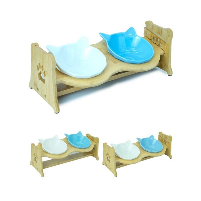 [Neko Shokki] Ceramic Cat Food Bowl with Stand, Pet Feeder, Elevated Bowl Set, White & Blue