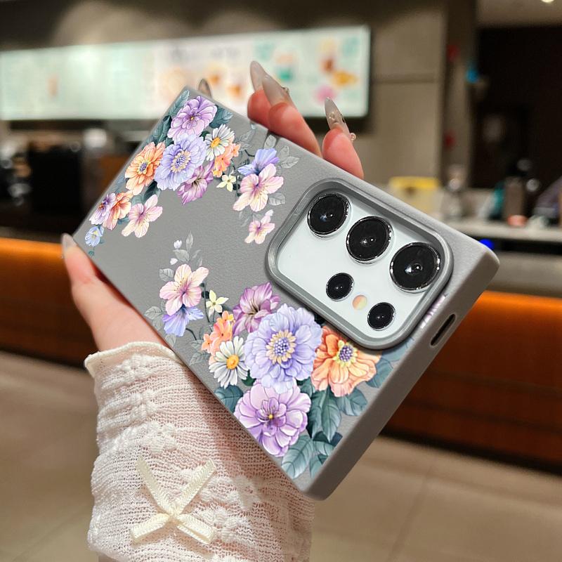 Color Floral Print Matte Leather Texture Phone Case For Samsung S25 S24 FE S23 Ultra S22 S21 A16 A56 A36 A15 A55 A35 Soft Slim TPU Shockproof  Cover