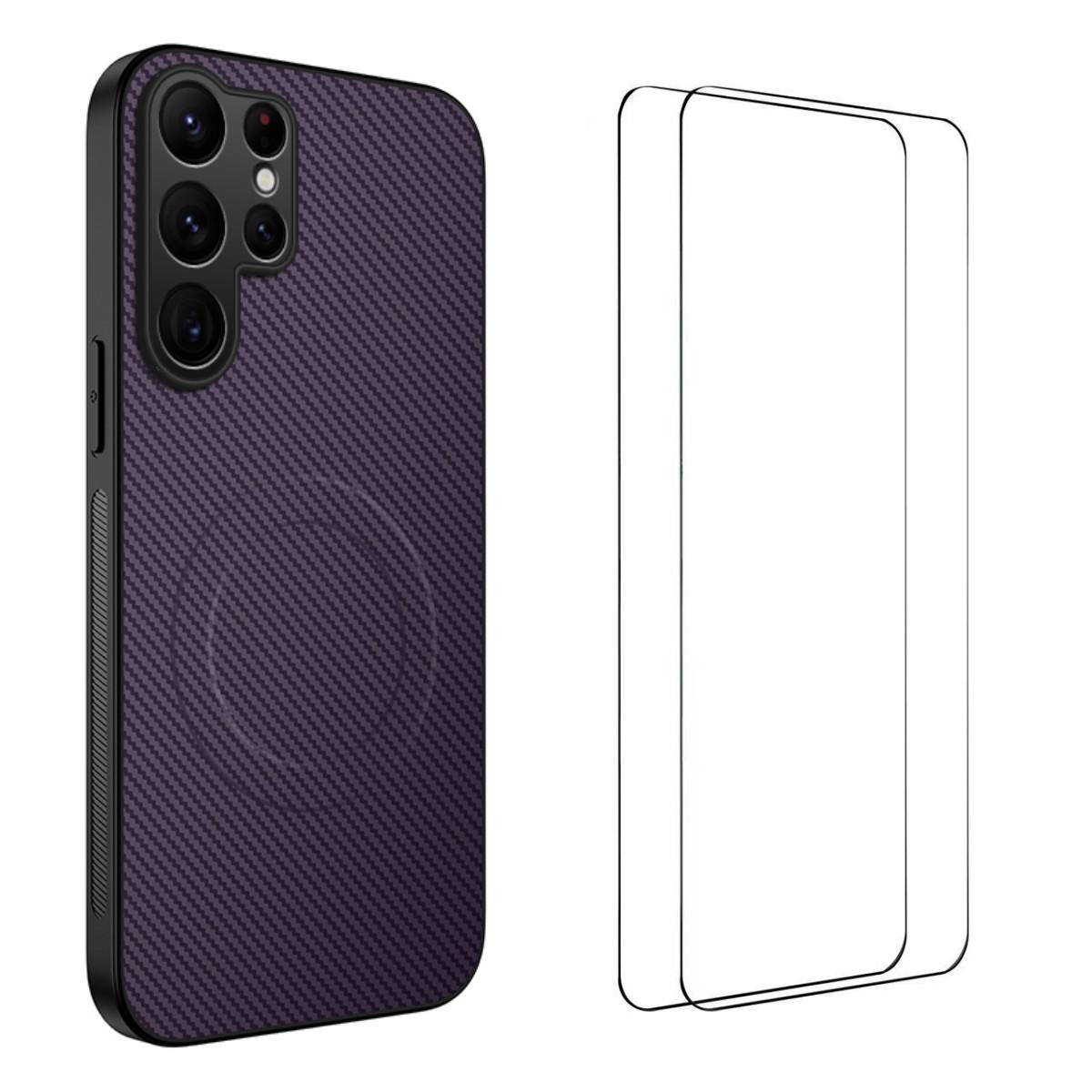 

For Samsung Galaxy S24 Ultra Magnetic Case WANLONFENG TQ1 Series Carbon Fiber Texture PC TPU Phone Cover with 2Pcs Screen Films Purple