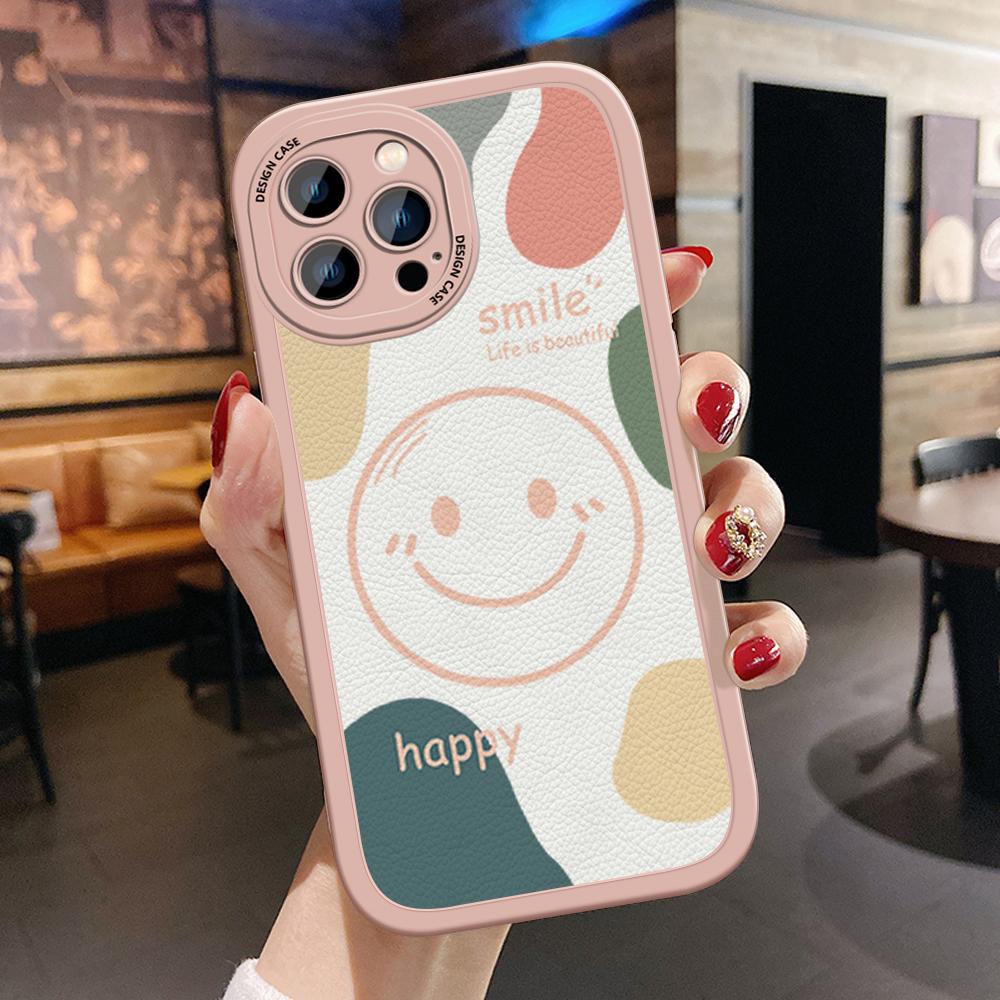 Slim Skin Feeling Cartoon Happy Smile Soft Silicone PU Leather Cover Phone Case for iPhone Samsung Huawei Honor Xiaomi Redmi OPPO Realme Vivo