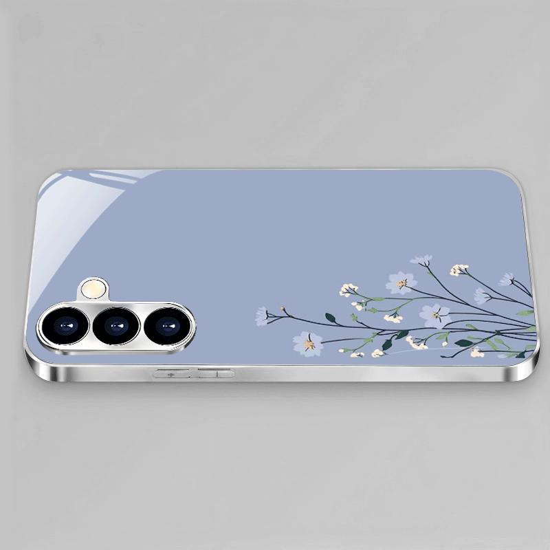 Light Blue and White Flower Glass Phone Case Suitable for Samsung Galaxy S26 S25 S24 S23 S22 S21 S20 FE/Ultra/Plus Anti Drop