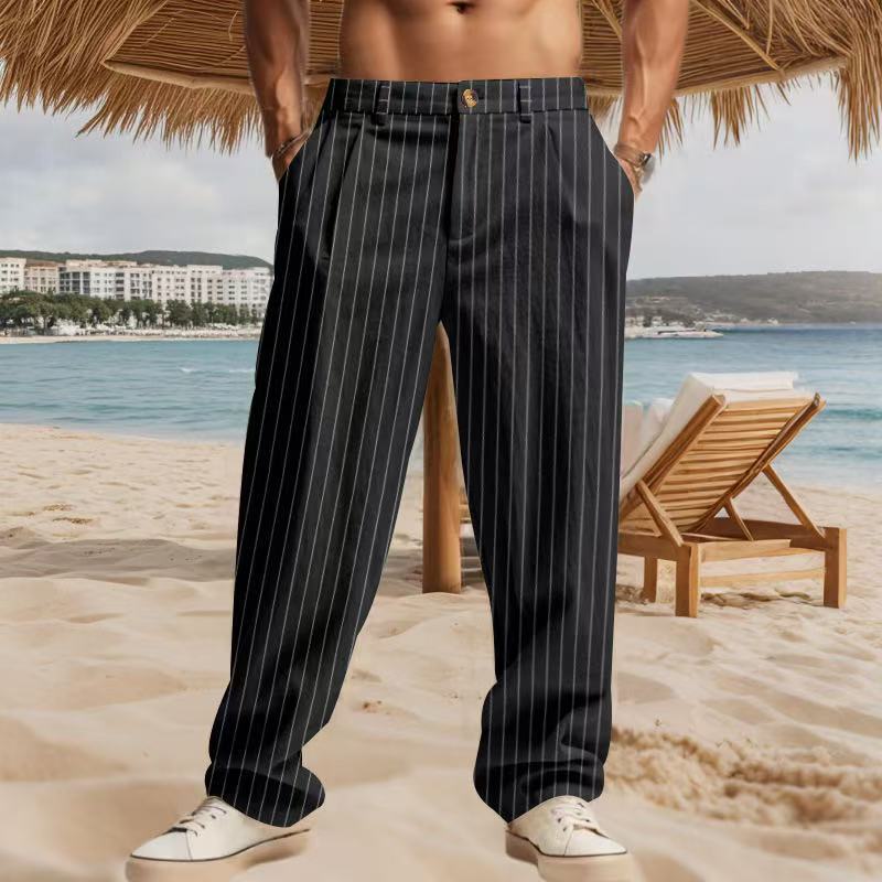 Spring Autumn Simple Striped Straight-leg Pants High Waist Trousers Casual Suit Trousers Men