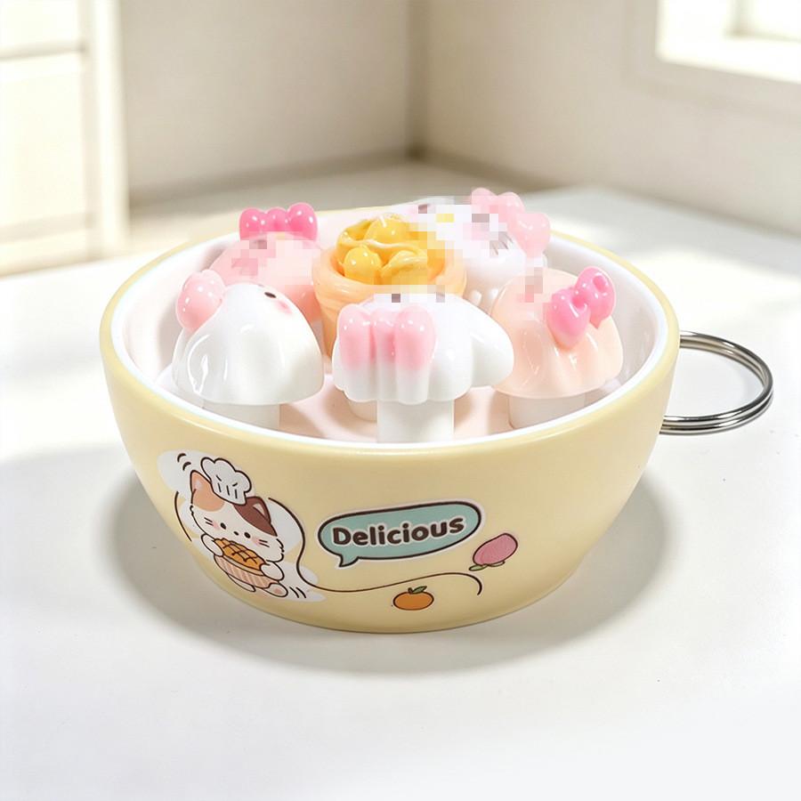 Plastic Mini Bread Squeeze Toy Keychain With Cartoon Pattern For Kids And Teens