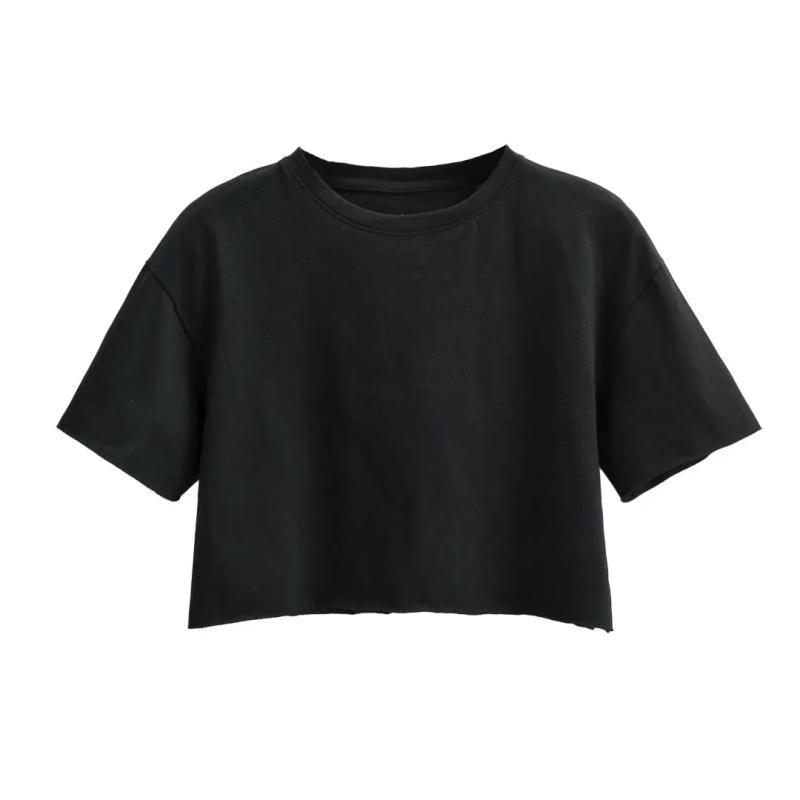 

Black Short-Sleeved T-shirt Women s Ins Fashionable Loose Half-Length Missing Top Outer Wear Casual Embroider Letters High Waist Bottoming Shirt Black pure color S