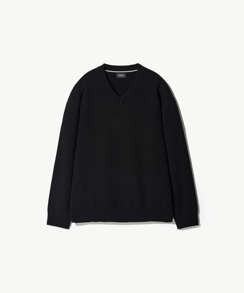 STCO V-Neck Boucle Solid Knit_Black (Oversized Fit)_Sktwa55Nsb