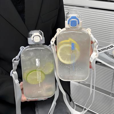 Flat Square Transparent Water Bottle Portable Travel Canteen with Adjustable Strap Elegant Slim Bottle for Sport Camping