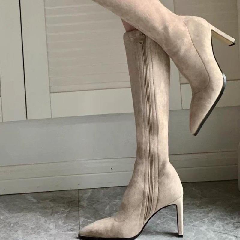 Pointed Apricot Suede High-heeled Boots Women's Autumn and Winter Elastic Thin Boots Thick Heels But Knee-thick High Boots