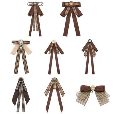 Vintage Brown Plaids Ribbon Pre Tied Bowtie Brooch Pin Women Corsage Shirt Jabot Collar Uniform Bowknot Necktie Clip