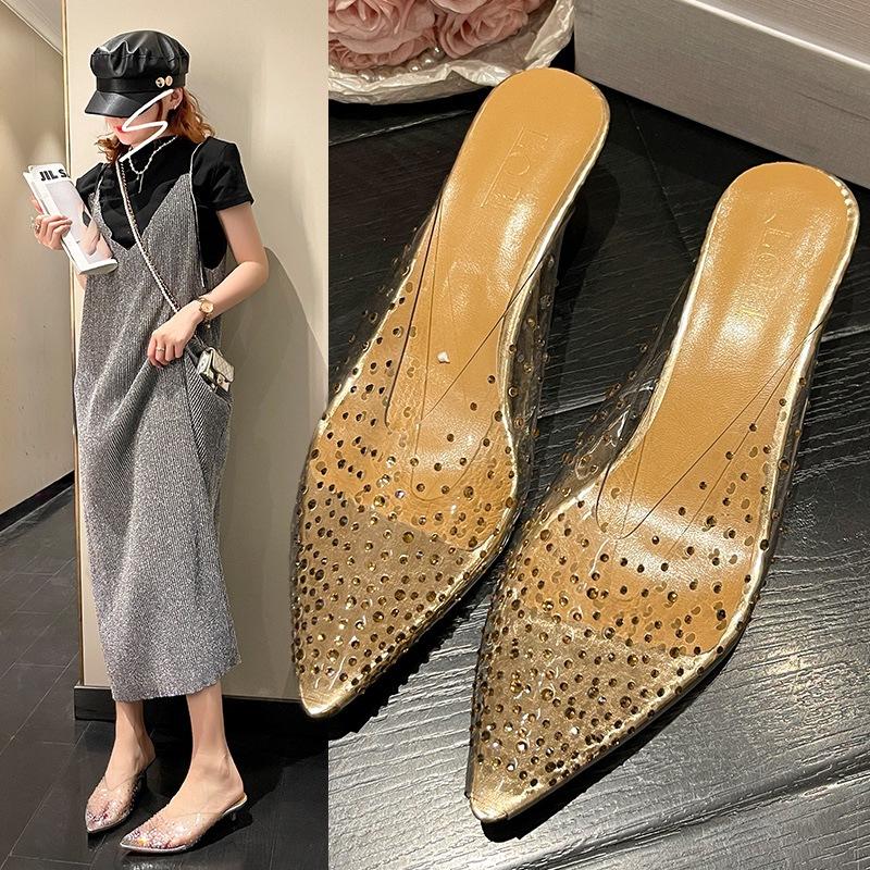 Cool slippers women's summer new transparent high-end pointed head bag head half-drag women's stiletto mid-heel fashion high heels
